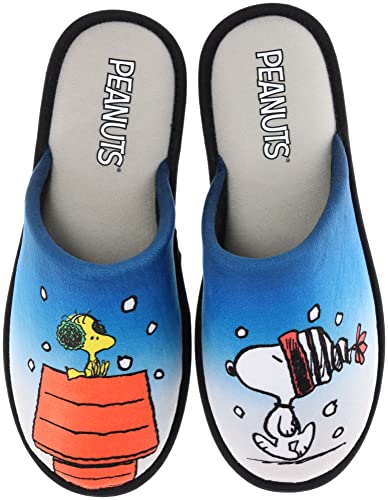 Peanuts Family Slippers, Mismatch Holiday Scuff Snoopy & Woodstock, Blue