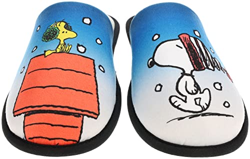 Peanuts Family Slippers, Mismatch Holiday Scuff Snoopy & Woodstock, Blue