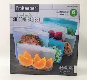 6 piece reusable silicone bag set microwavable, dishwasher safe, bpa free