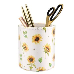 waveyu pen holder, makeup brush holder leather cute floral pattern pencil cup for girls kids women durable stand desk organizer storage gift for office, classroom, home, daisy