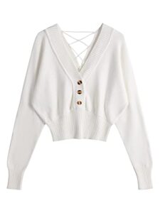 zaful women's crop sweater v neck long sleeve button knit cropped ribbed drawstring v backless pullover jumper a-white