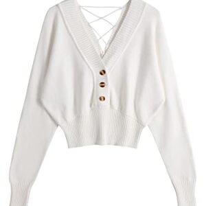 ZAFUL Women's Crop Sweater V Neck Long Sleeve Button Knit Cropped Ribbed Drawstring V Backless Pullover Jumper A-White