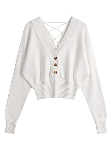 ZAFUL Women's Crop Sweater V Neck Long Sleeve Button Knit Cropped Ribbed Drawstring V Backless Pullover Jumper A-White