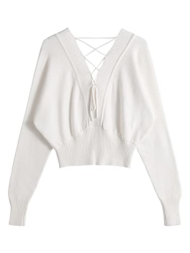 ZAFUL Women's Crop Sweater V Neck Long Sleeve Button Knit Cropped Ribbed Drawstring V Backless Pullover Jumper A-White