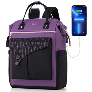 momuvo laptop backpack for women laptop bag with usb port, student bookbag water resistant backpacks teacher doctor nurse work backpack stylish travel bags, fits 17-inch laptop purple black