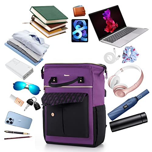 MOMUVO Laptop Backpack for Women Laptop Bag with USB Port, Student Bookbag Water Resistant Backpacks Teacher Doctor Nurse Work Backpack Stylish Travel Bags, Fits 17-Inch Laptop Purple Black