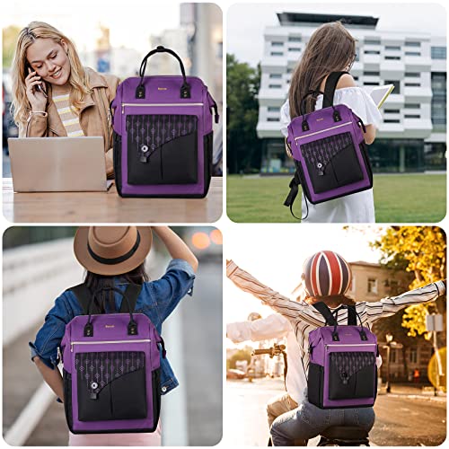 MOMUVO Laptop Backpack for Women Laptop Bag with USB Port, Student Bookbag Water Resistant Backpacks Teacher Doctor Nurse Work Backpack Stylish Travel Bags, Fits 17-Inch Laptop Purple Black