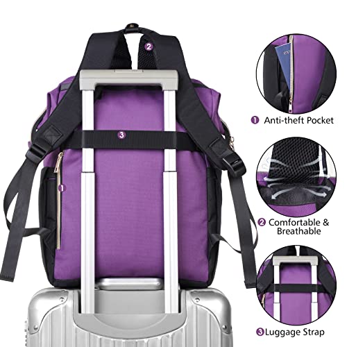 MOMUVO Laptop Backpack for Women Laptop Bag with USB Port, Student Bookbag Water Resistant Backpacks Teacher Doctor Nurse Work Backpack Stylish Travel Bags, Fits 17-Inch Laptop Purple Black