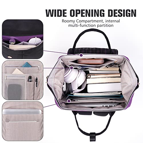 MOMUVO Laptop Backpack for Women Laptop Bag with USB Port, Student Bookbag Water Resistant Backpacks Teacher Doctor Nurse Work Backpack Stylish Travel Bags, Fits 17-Inch Laptop Purple Black