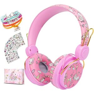 svyhuok unicorn bluetooth headphones for kids girls, pink cat ear wireless headset with microphone, safe volume limited 85db pom over-ear headset hd with mic for school/tablet/birthday xmas gift