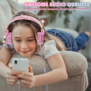 SVYHUOK Unicorn Bluetooth Headphones for Kids Girls, Pink Cat Ear Wireless Headset with Microphone, Safe Volume Limited 85db POM Over-Ear Headset HD with Mic for School/Tablet/Birthday Xmas Gift