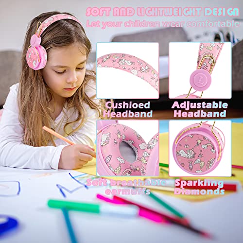 SVYHUOK Unicorn Bluetooth Headphones for Kids Girls, Pink Cat Ear Wireless Headset with Microphone, Safe Volume Limited 85db POM Over-Ear Headset HD with Mic for School/Tablet/Birthday Xmas Gift