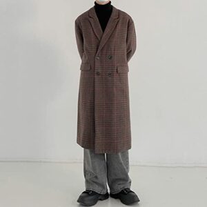 n/a Menswear Plaid Thickened Trench Coat Men's Loose Notched Double Breasted Woolen Windbreaker Autumn Wint (Color : A, Size : X-Lcode)