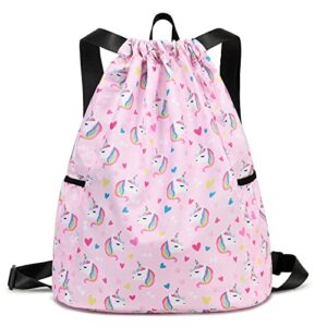 ryushoyo unicorn gym drawstring backpack, sports gym bag for girls kids waterproof swimming beach sackpack birthday christmas gift with water bottle pocket pink