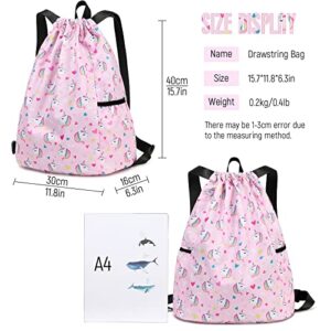 Ryushoyo Unicorn Gym Drawstring Backpack, Sports Gym Bag for Girls Kids Waterproof Swimming Beach Sackpack Birthday Christmas Gift with Water Bottle Pocket Pink