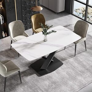 modern dining table, white sintered stone tabletop dining table with x-shaped solid carbon steel base, 63" rectangular dining table for 4-6