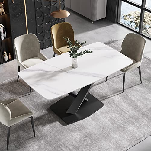 Modern Dining Table, White Sintered Stone Tabletop Dining Table with X-Shaped Solid Carbon Steel Base, 63" Rectangular Dining Table for 4-6