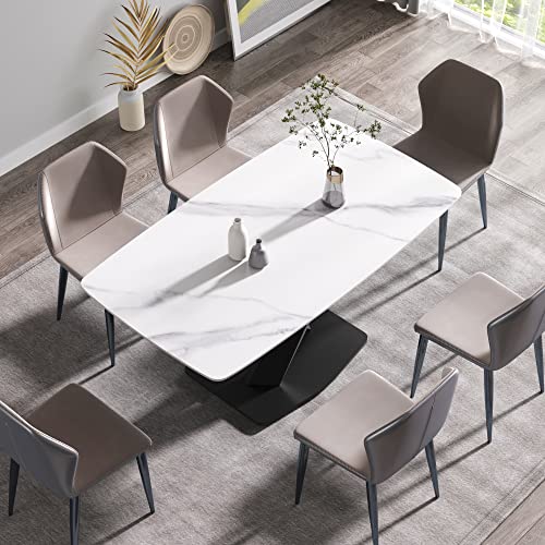 Modern Dining Table, White Sintered Stone Tabletop Dining Table with X-Shaped Solid Carbon Steel Base, 63" Rectangular Dining Table for 4-6