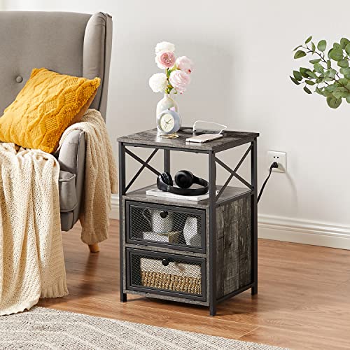 VECELO End Side Tables with Charging Station,Nightstand with 2 Flip Drawers and USB Ports & Power Outlets, Sturdy Metal Frame for Living Room, Bedroom, Set of 2,Oak Gray