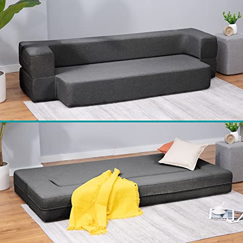 BALUS Folding Sofa Bed Queen Size, 8.6 Inch Floor Sofa Bed Couch Foldable, Memory Foam Futon Couch, Fold Out Sofa Bed Convertible Sleeper Sofa Bed for Living Room/Bedroom/Guest Room/Office