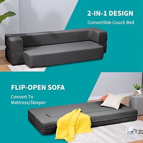 BALUS Folding Sofa Bed Queen Size, 8.6 Inch Floor Sofa Bed Couch Foldable, Memory Foam Futon Couch, Fold Out Sofa Bed Convertible Sleeper Sofa Bed for Living Room/Bedroom/Guest Room/Office