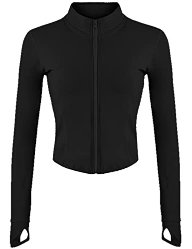 Hvewarm Women's Cropped Athletic Bbl Jacket Seamless High Low Hem Zipper Thumbhole Workout Sportwear(ABlack-S)