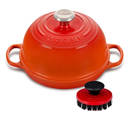 Le Creuset Enameled Cast Iron Bread Oven Bundle with 3 1/4" Nylon Cleaning Brush - Flame