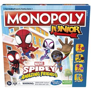 hasbro gaming monopoly junior: marvel spidey and his amazing friends edition board game for kids ages 5+,with artwork from the animated series,kids board games