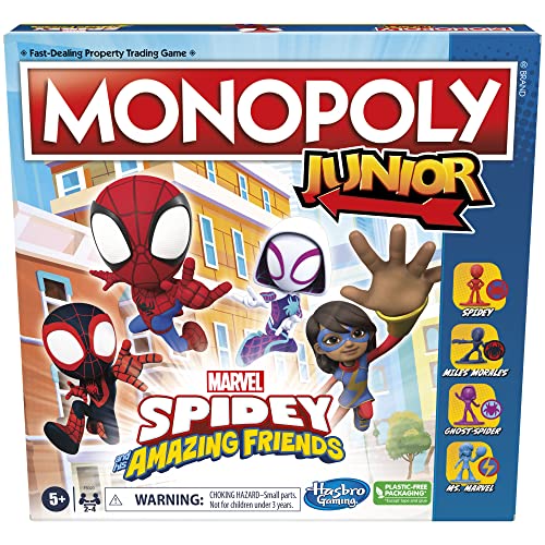 Hasbro Gaming Monopoly Junior: Marvel Spidey and His Amazing Friends Edition Board Game for Kids Ages 5+,with Artwork from The Animated Series,Kids Board Games