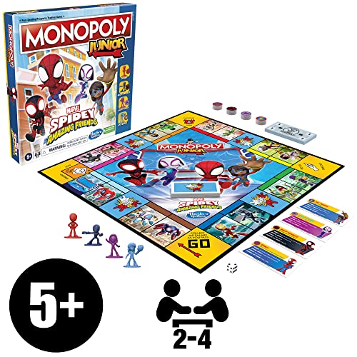 Hasbro Gaming Monopoly Junior: Marvel Spidey and His Amazing Friends Edition Board Game for Kids Ages 5+,with Artwork from The Animated Series,Kids Board Games