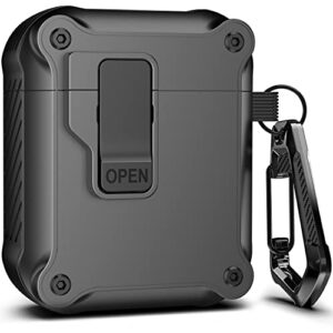 rfunguango airpods 2nd & 1st generation case cover automatic pop-up with secure lock clip, full-body shockproof hard protective cover with keychain- black
