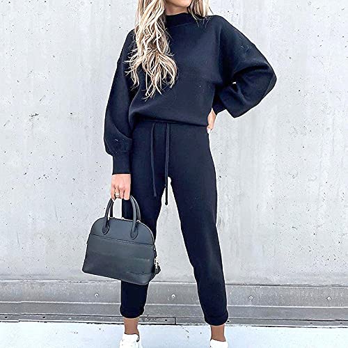 YUTANRAL Crewneck Sweatshirt Sweatpants Womens 2 Piece Suits,Fall Winter Casual Loose Trendy Solid Long Sleeve Shirt Plus Size Tops Drawstring Jogging Pants Thanksgiving OutfitsA Dark Blue(Medium,)