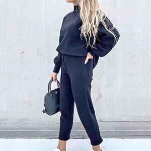 YUTANRAL Crewneck Sweatshirt Sweatpants Womens 2 Piece Suits,Fall Winter Casual Loose Trendy Solid Long Sleeve Shirt Plus Size Tops Drawstring Jogging Pants Thanksgiving OutfitsA Dark Blue(Medium,)