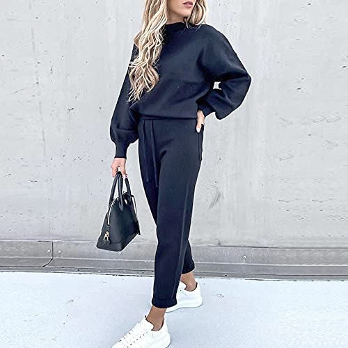 YUTANRAL Crewneck Sweatshirt Sweatpants Womens 2 Piece Suits,Fall Winter Casual Loose Trendy Solid Long Sleeve Shirt Plus Size Tops Drawstring Jogging Pants Thanksgiving OutfitsA Dark Blue(Medium,)