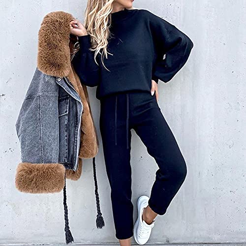 YUTANRAL Crewneck Sweatshirt Sweatpants Womens 2 Piece Suits,Fall Winter Casual Loose Trendy Solid Long Sleeve Shirt Plus Size Tops Drawstring Jogging Pants Thanksgiving OutfitsA Dark Blue(Medium,)