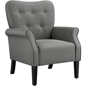 yaheetech modern armchair, mid century accent chair with sturdy wood legs and high back for small space, upholstered fabric sofa club chair for living room/bedroom/office, dark gray