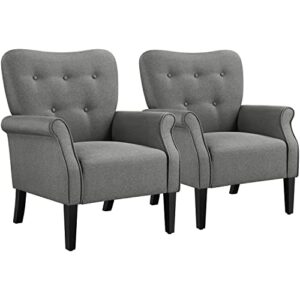 yaheetech modern armchair, mid century accent chair with sturdy wood legs and high back for small space, upholstered fabric sofa club chair for living room/bedroom/office, set of 2, dark gray