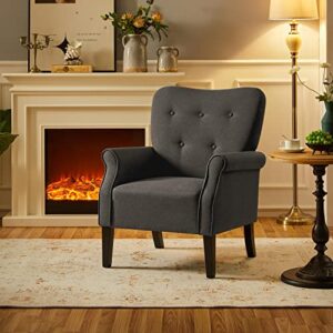 Yaheetech Modern Armchair, Mid Century Accent Chair with Sturdy Wood Legs and High Back for Small Space, Upholstered Fabric Sofa Club Chair for Living Room/Bedroom/Office, Set of 2, Dark Gray
