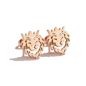 Minimalist Lion Head Stud Earrings Stainless Steel Hollow Animal Crown Pierced Studs Earring Fashion Jewelry for Women Teen Girls BBF Hypoallergenic (Rose Gold)