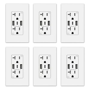 elegrp usb wall outlets, 3-ports usb c wall outlets receptacles, matte white 20 amp outlets with usb ports, tr tamper-resistant usb outlets, screwless wall plate included, ul & cul listed, 6 pack