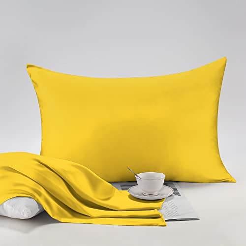 Satin Pillowcase 20x30 inches Queen Size Silk Satin Pillow Cases Set of 2 for Hair and Skin - Soft Bed Pillow Covers with Zipper Breathable, Health & Skin-Friendly (Yellow)