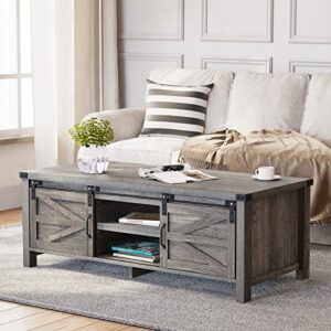 homfamilia farmhouse coffee table with sliding barn doors & storage, grey rustic wooden center rectangular tables w/adjustable cabinet shelves, for bedroom, home office, living room