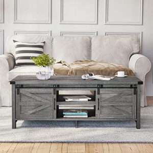 HOMFAMILIA Farmhouse Coffee Table with Sliding Barn Doors & Storage, Grey Rustic Wooden Center Rectangular Tables w/Adjustable Cabinet Shelves, for Bedroom, Home Office, Living Room