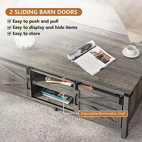 HOMFAMILIA Farmhouse Coffee Table with Sliding Barn Doors & Storage, Grey Rustic Wooden Center Rectangular Tables w/Adjustable Cabinet Shelves, for Bedroom, Home Office, Living Room