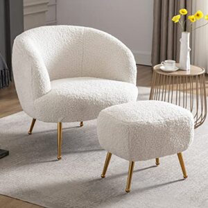 duomay modern accent chair with ottoman, sherpa upholstered barrel chair with footrest, comfy lounge chair single sofa armchair club chair for living room bedroom office, white