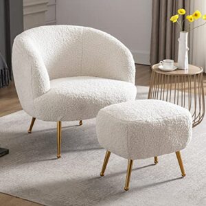 DUOMAY Modern Accent Chair with Ottoman, Sherpa Upholstered Barrel Chair with Footrest, Comfy Lounge Chair Single Sofa Armchair Club Chair for Living Room Bedroom Office, White