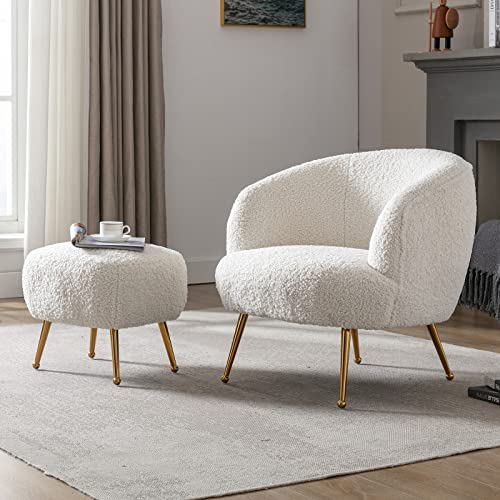 DUOMAY Modern Accent Chair with Ottoman, Sherpa Upholstered Barrel Chair with Footrest, Comfy Lounge Chair Single Sofa Armchair Club Chair for Living Room Bedroom Office, White