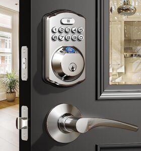 veise fingerprint door lock with 2 lever handles - keyless entry door lock, electronic keypad deadbolt & front door lock handle sets, auto lock & 1 touch locking, easy installation, satin nickel