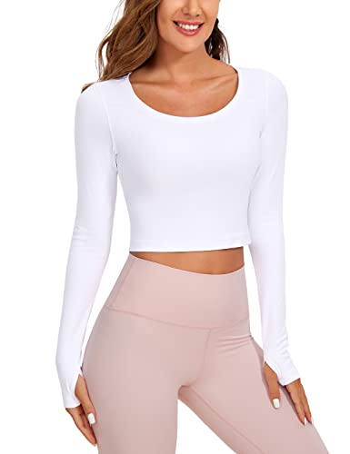 CRZ YOGA Butterluxe Long Sleeve Crop Tops for Women Slim Fit Workout Shirts Cropped Athletic Gym Top White Small