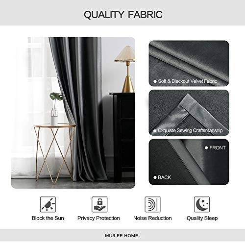 MIULEE 2 Panels Blackout Velvet Curtains Solid Soft Grommet Grey Curtains Bundle Velvet Curtains 108 Inches Long Soft Bedroom Curtains